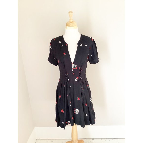 Free People Dresses & Skirts - Free People Black Floral V-Neck Lace Up Mini Dress 4